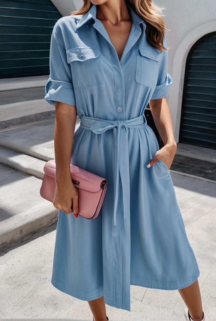 a line flap pockets rolled sleeve v neck casual lapel denim maxi dresses 105573
