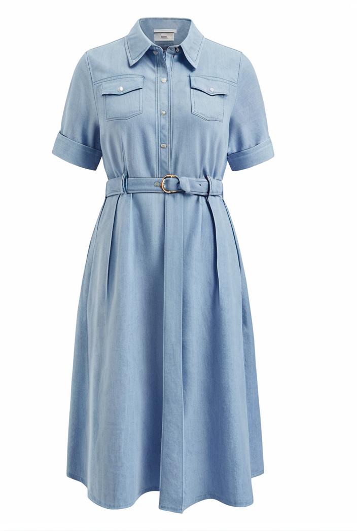 a line flap pockets rolled sleeve v neck casual lapel denim maxi dresses 105585