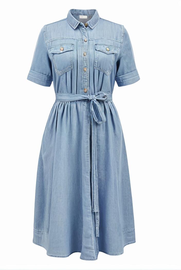 a line flap pockets rolled sleeve v neck casual lapel denim maxi dresses 105587