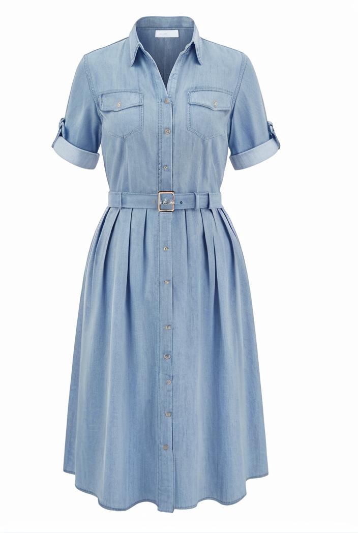 a line flap pockets rolled sleeve v neck casual lapel denim maxi dresses 105588