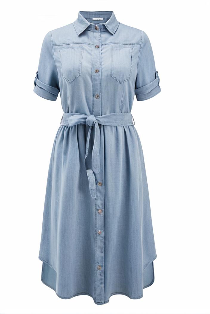 a line flap pockets rolled sleeve v neck casual lapel denim maxi dresses 105590