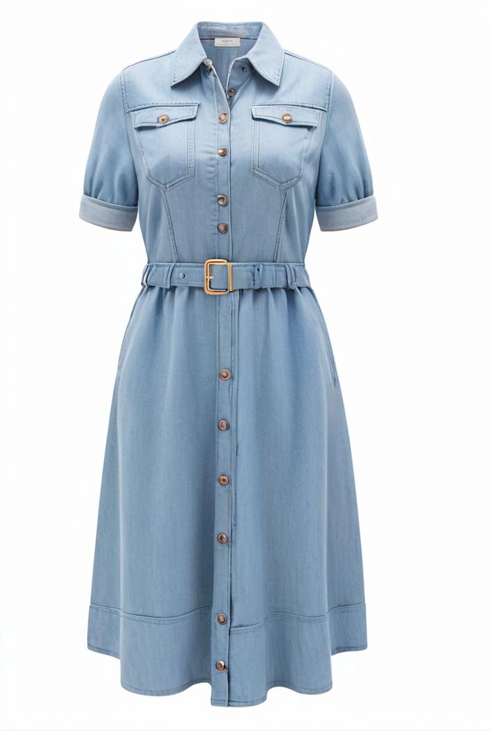 a line flap pockets rolled sleeve v neck casual lapel denim maxi dresses 105591