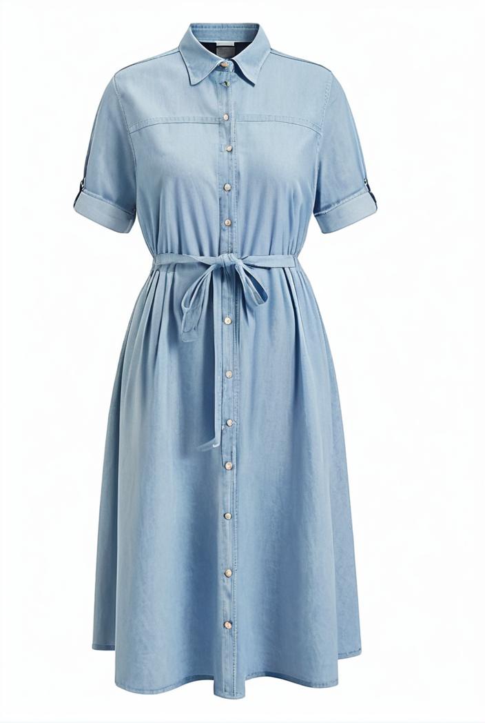 a line flap pockets rolled sleeve v neck casual lapel denim maxi dresses 105592