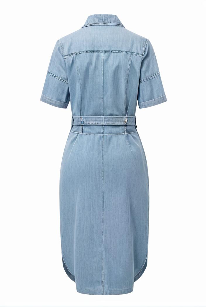 a line flap pockets rolled sleeve v neck casual lapel denim maxi dresses 105595