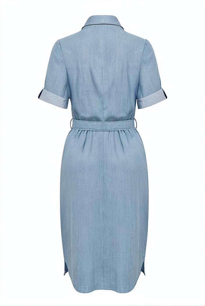 a line flap pockets rolled sleeve v neck casual lapel denim maxi dresses 105597