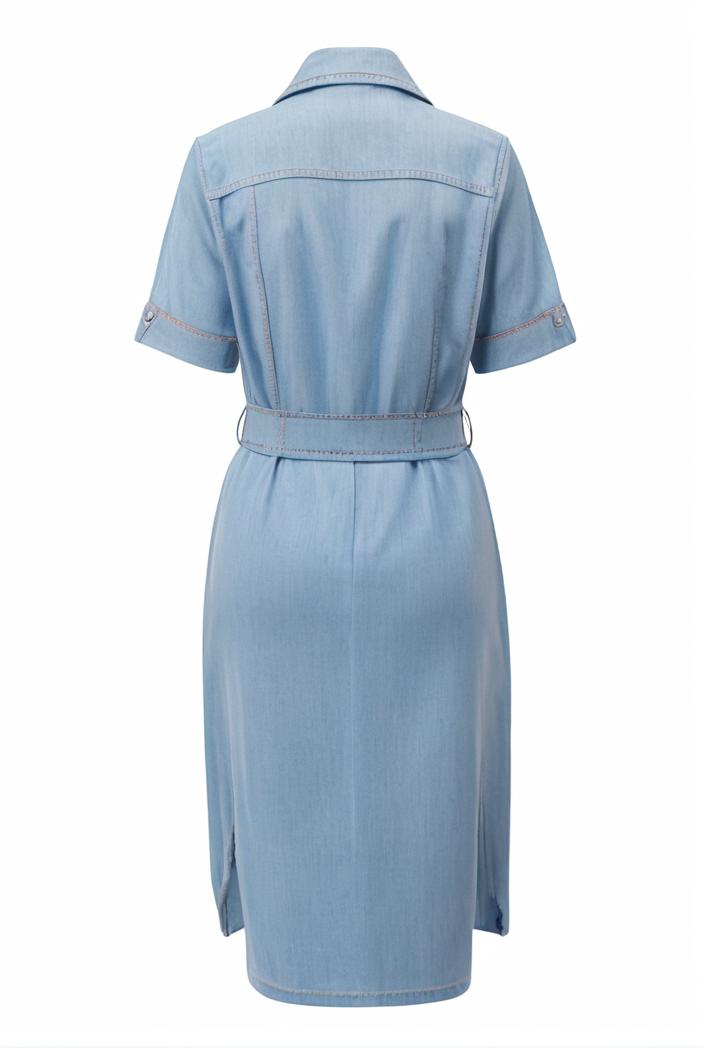 a line flap pockets rolled sleeve v neck casual lapel denim maxi dresses 105599