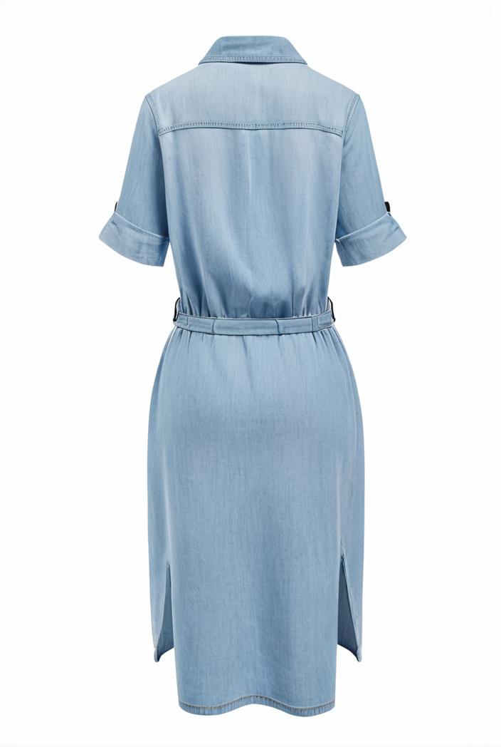 a line flap pockets rolled sleeve v neck casual lapel denim maxi dresses 105600