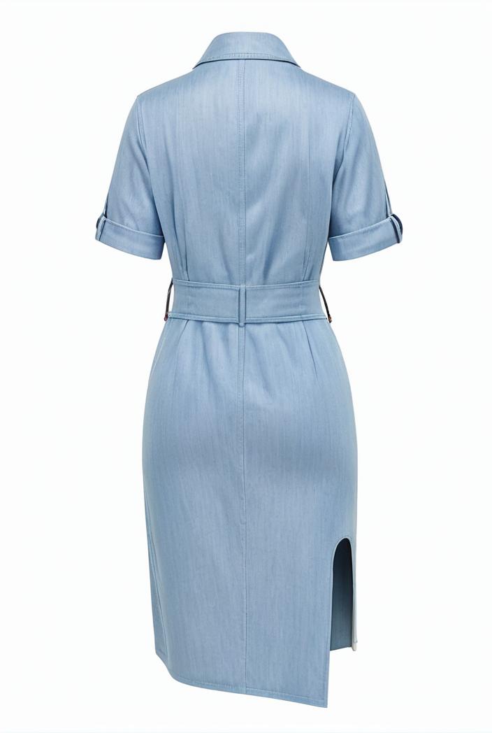 a line flap pockets rolled sleeve v neck casual lapel denim maxi dresses 122425