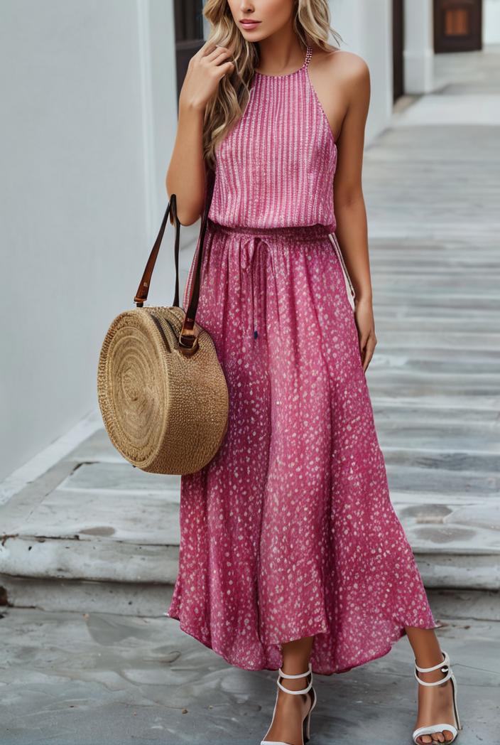 boho print halterneck sleeveless dress 126167