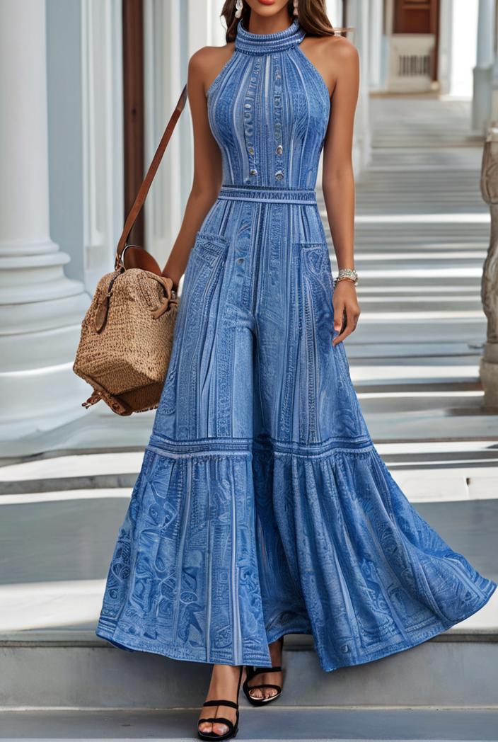 boho print halterneck sleeveless dress 126179