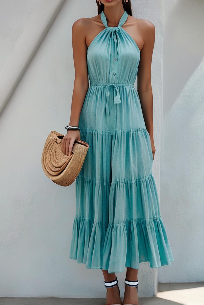 boho print halterneck sleeveless dress 126180