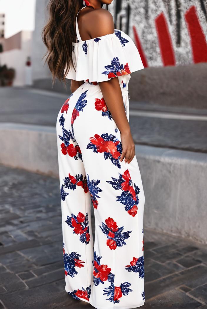 fashion print frilled off shoulder flared jumpsuit 111558