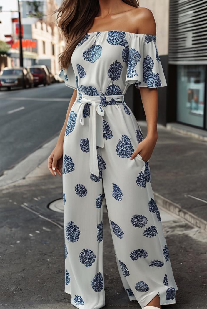 fashion print frilled off shoulder flared jumpsuit 111593