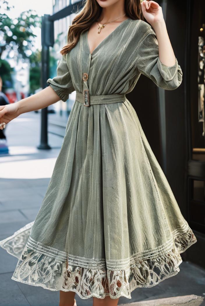 fashion v neck printed long sleeve midi dress 113188