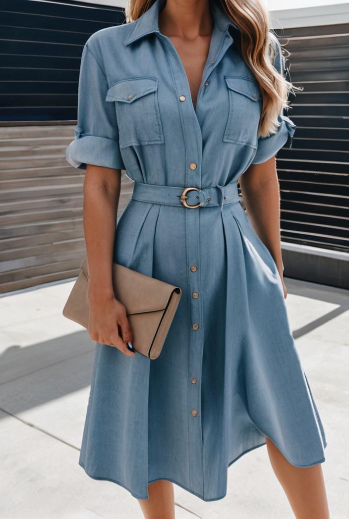 a line flap pockets rolled sleeve v neck casual lapel denim maxi dresses 109774