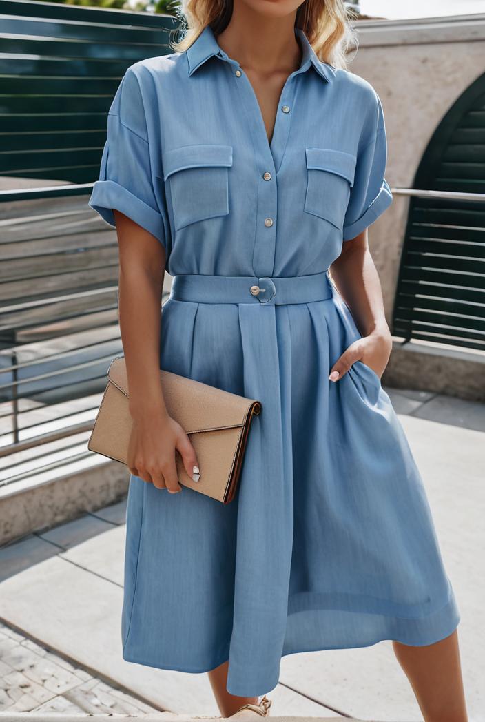 a line flap pockets rolled sleeve v neck casual lapel denim maxi dresses 109776