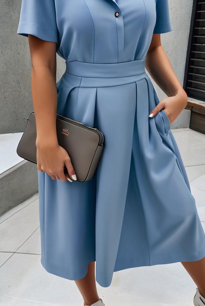 a line flap pockets rolled sleeve v neck casual lapel denim maxi dresses 109781