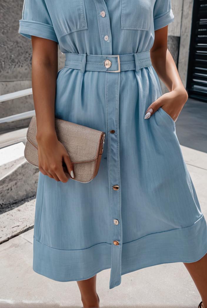 a line flap pockets rolled sleeve v neck casual lapel denim maxi dresses 109783