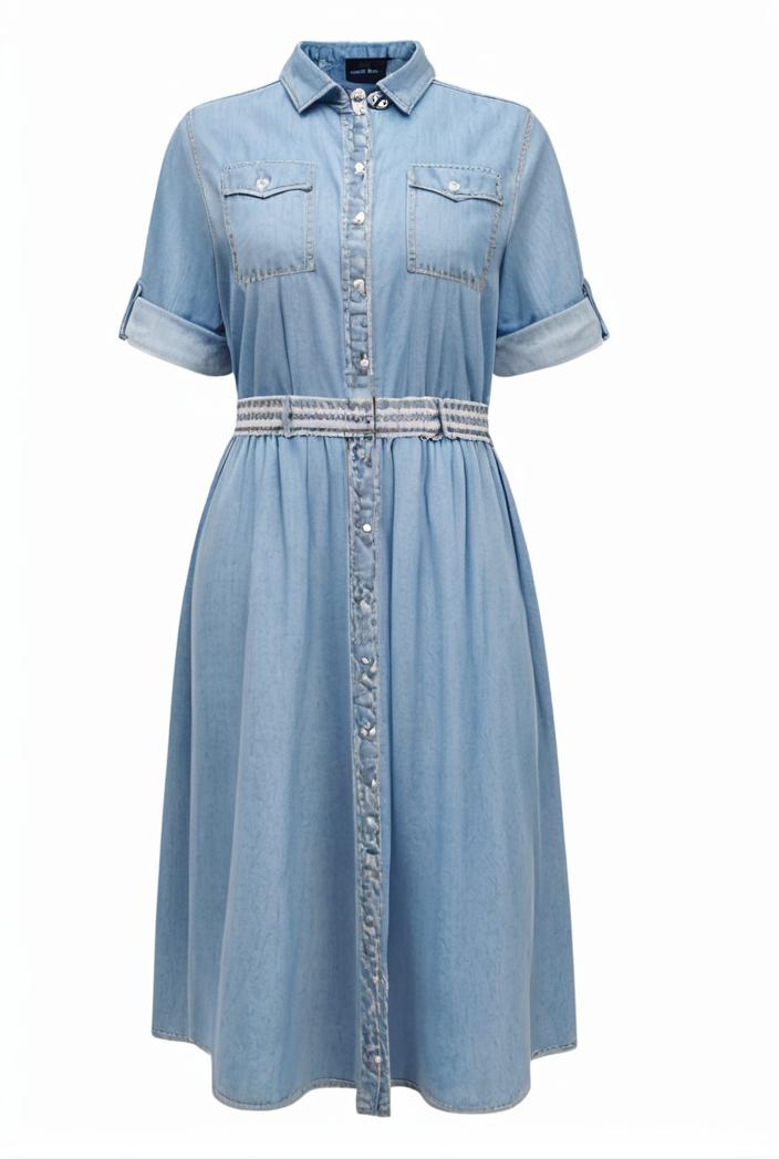 a line flap pockets rolled sleeve v neck casual lapel denim maxi dresses 109787