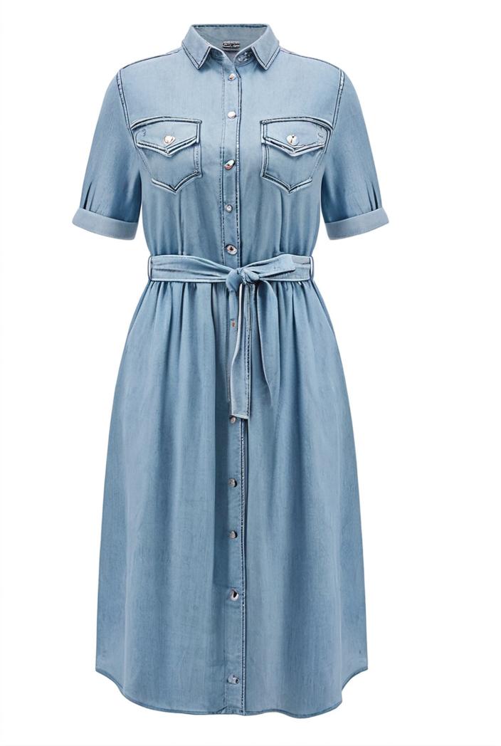 a line flap pockets rolled sleeve v neck casual lapel denim maxi dresses 109790