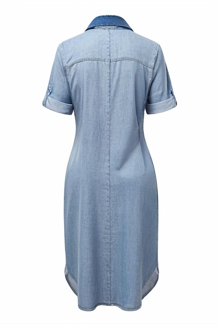 a line flap pockets rolled sleeve v neck casual lapel denim maxi dresses 109795