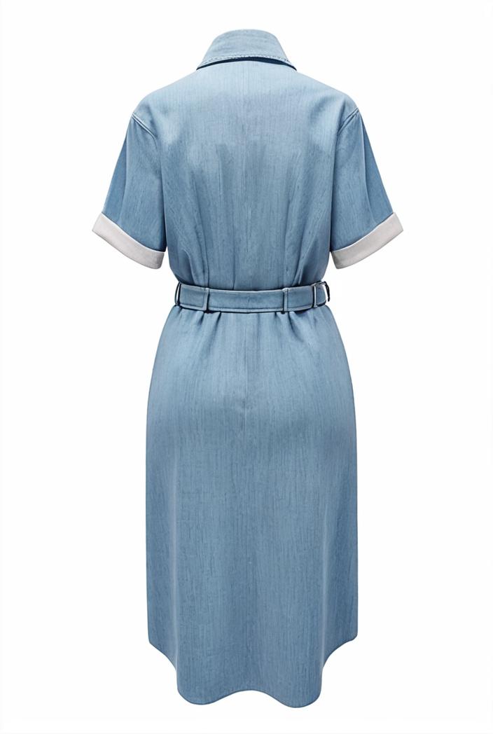a line flap pockets rolled sleeve v neck casual lapel denim maxi dresses 109798
