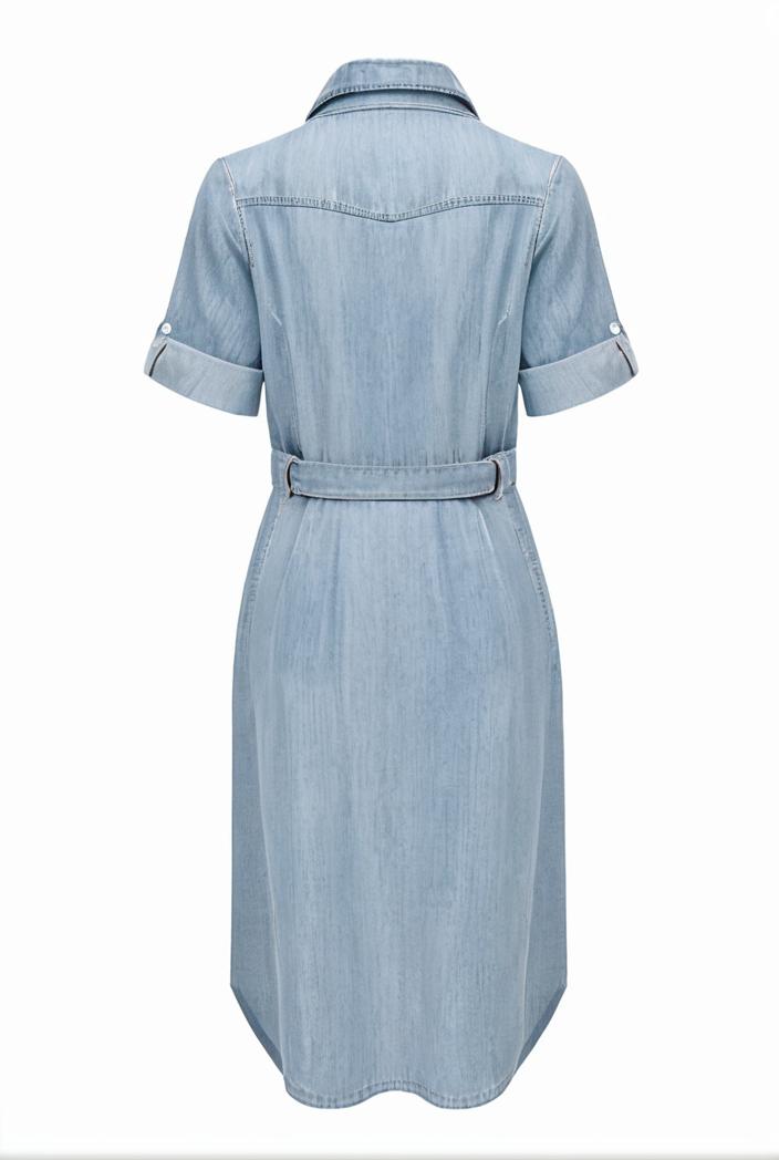 a line flap pockets rolled sleeve v neck casual lapel denim maxi dresses 109799