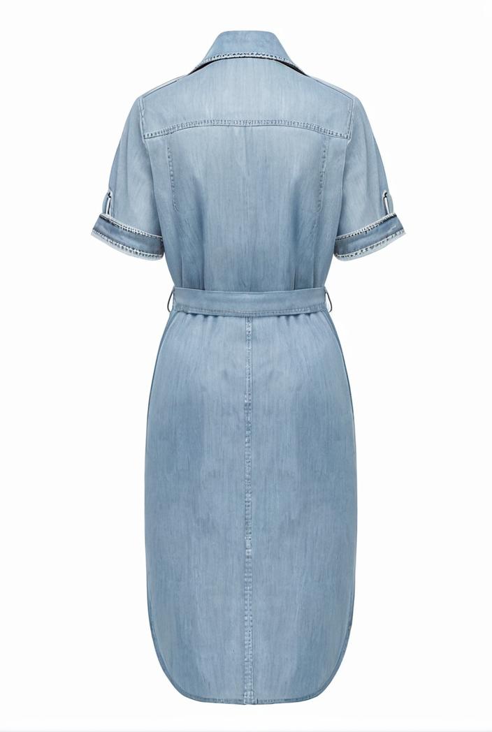 a line flap pockets rolled sleeve v neck casual lapel denim maxi dresses 109802