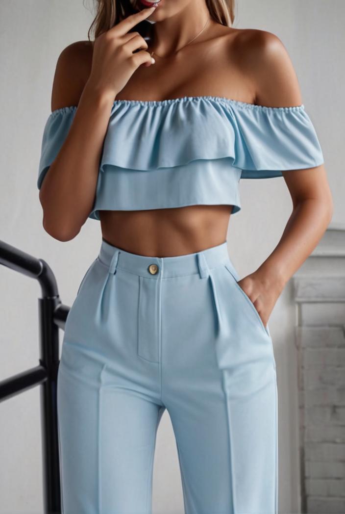one shoulder crop top mopping pants two piece suit 124954