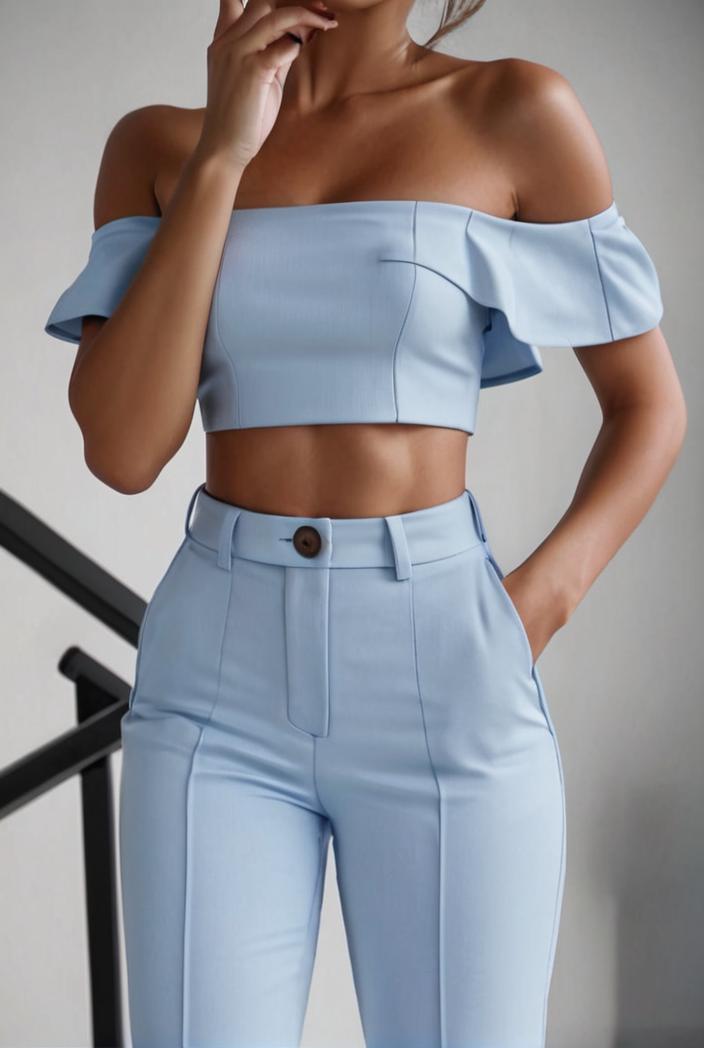 one shoulder crop top mopping pants two piece suit 124955