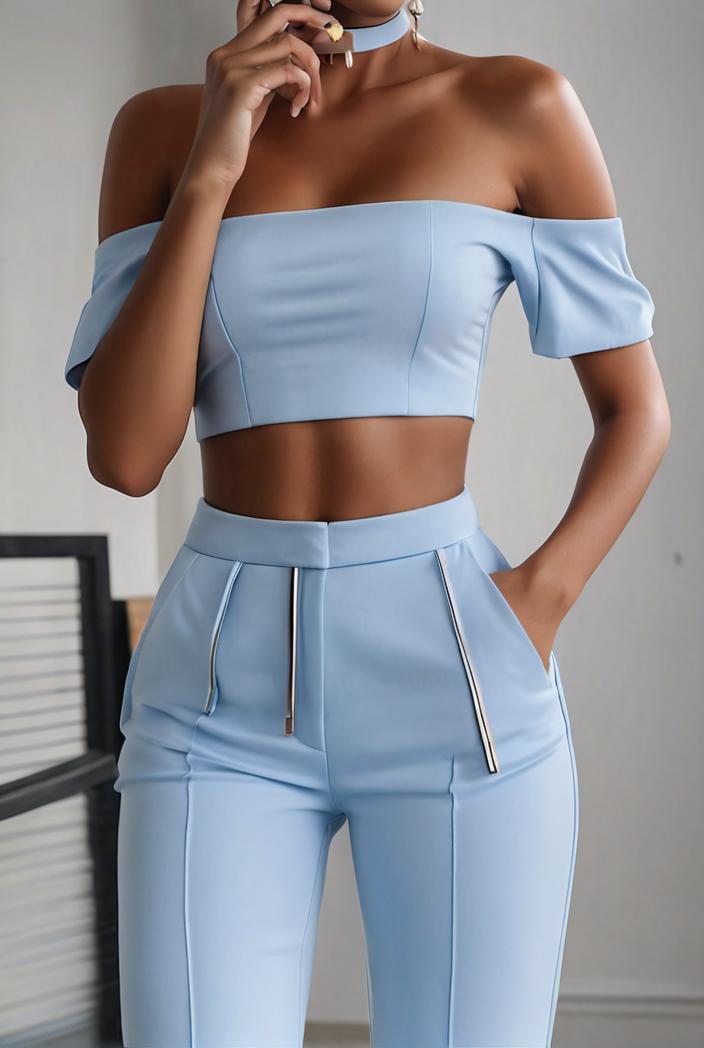 one shoulder crop top mopping pants two piece suit 124957
