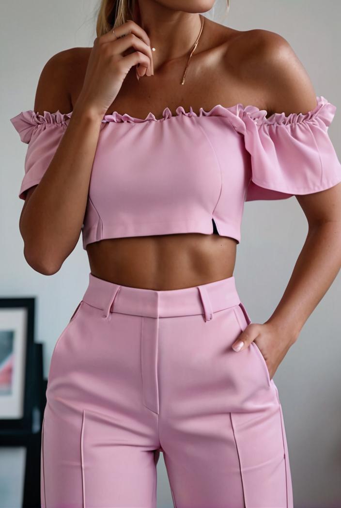 one shoulder crop top mopping pants two piece suit 124960