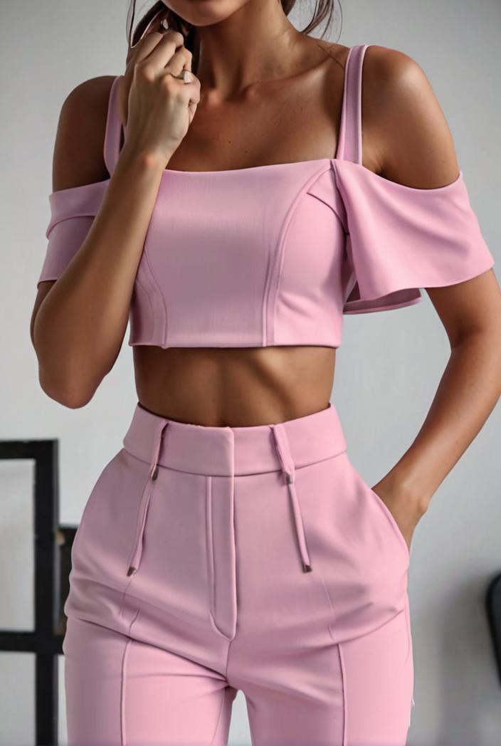 one shoulder crop top mopping pants two piece suit 124962