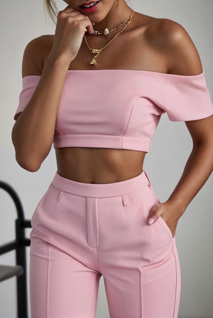 one shoulder crop top mopping pants two piece suit 124964