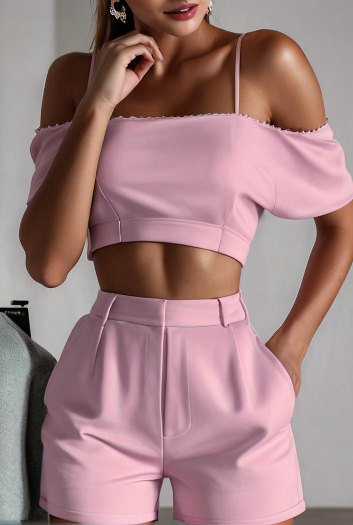 one shoulder crop top mopping pants two piece suit 124965