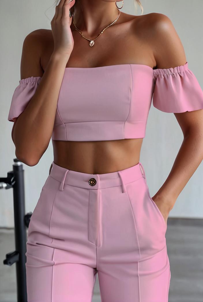 one shoulder crop top mopping pants two piece suit 124966