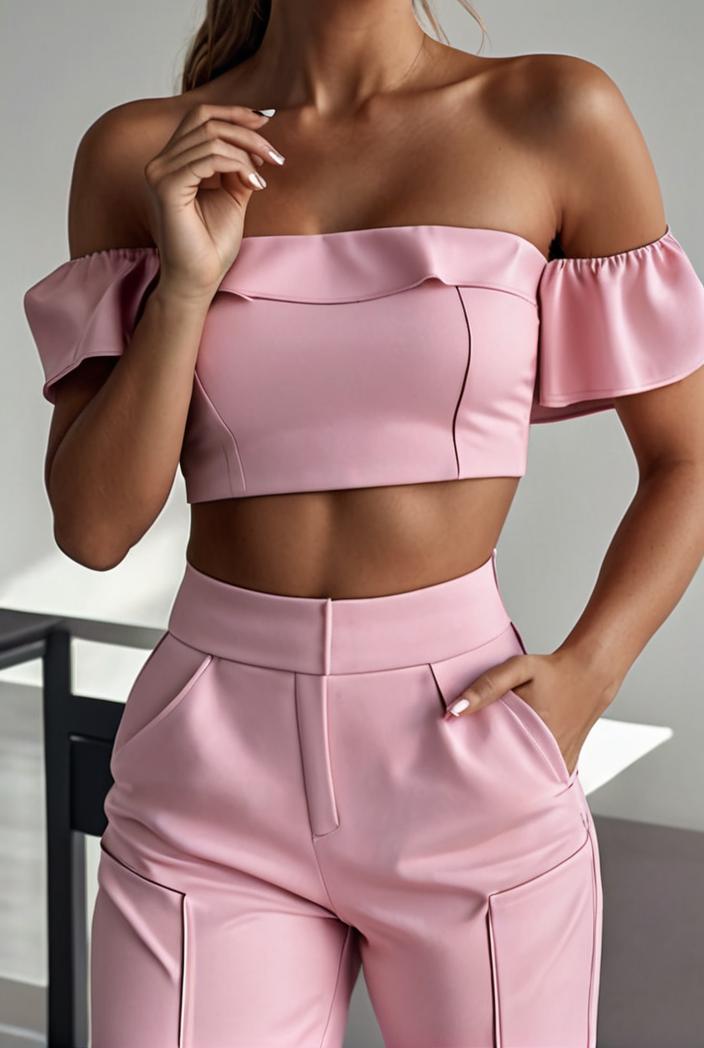 one shoulder crop top mopping pants two piece suit 124967