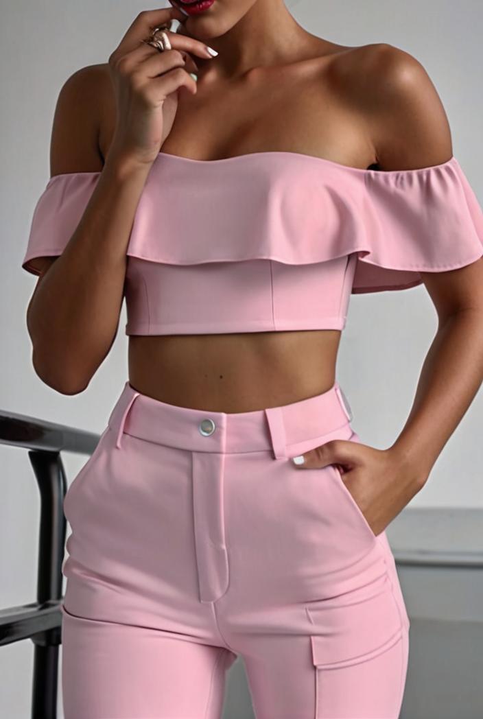 one shoulder crop top mopping pants two piece suit 124968