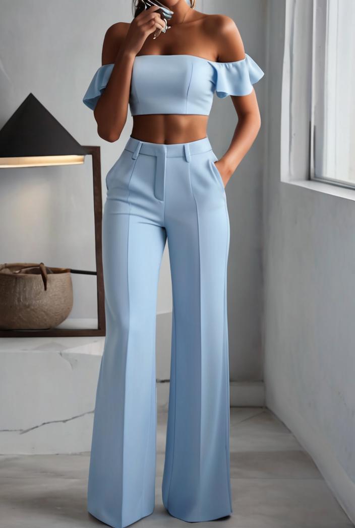 one shoulder crop top mopping pants two piece suit 124984