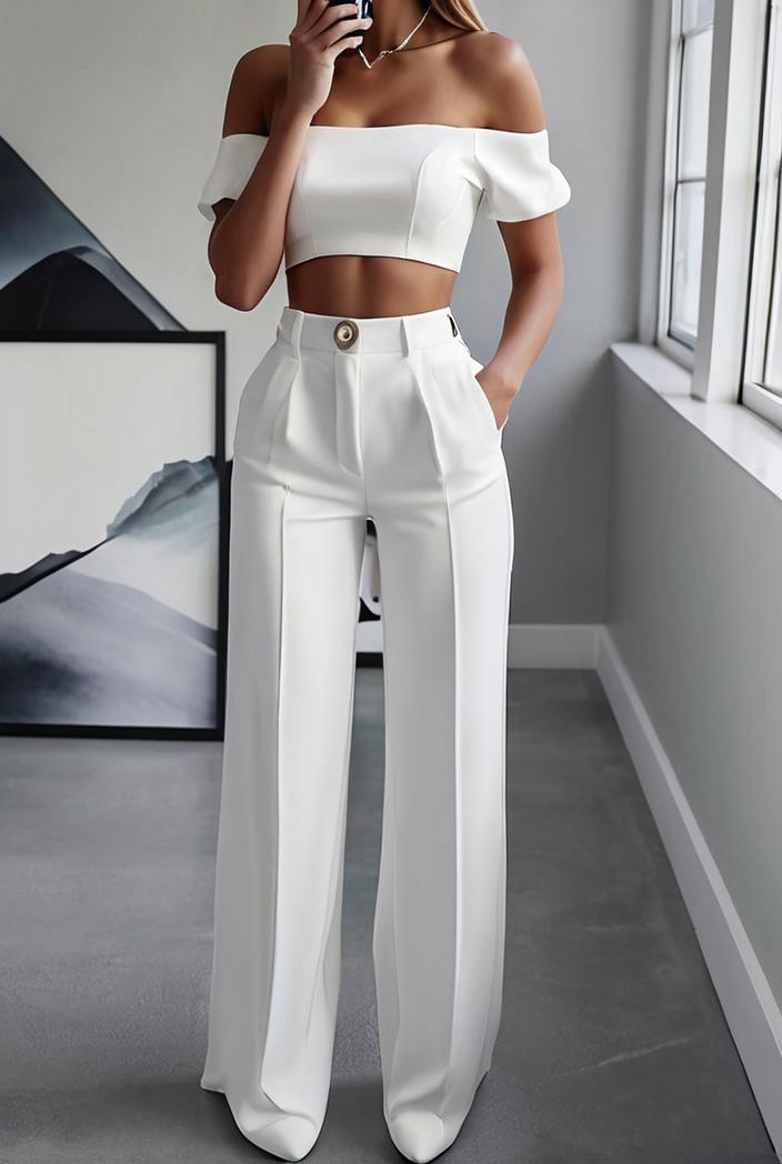 one shoulder crop top mopping pants two piece suit 125001