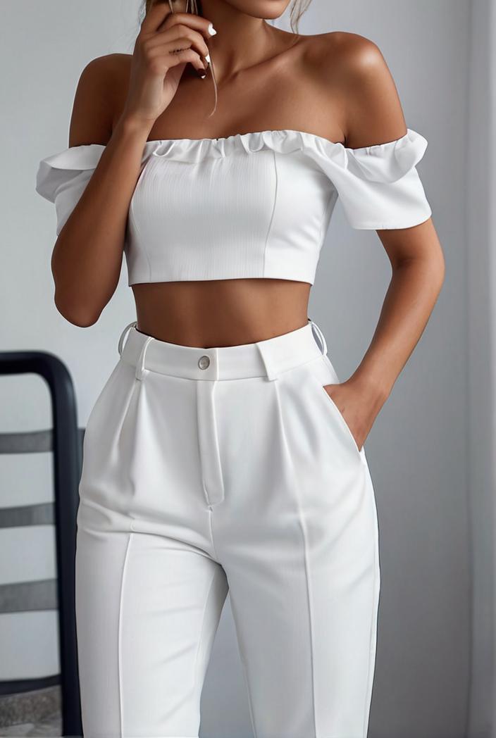 one shoulder crop top mopping pants two piece suit 125011