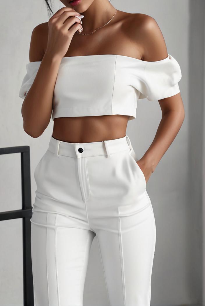 one shoulder crop top mopping pants two piece suit 125014