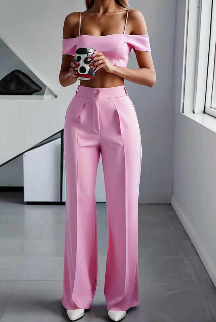 one shoulder crop top mopping pants two piece suit 125017