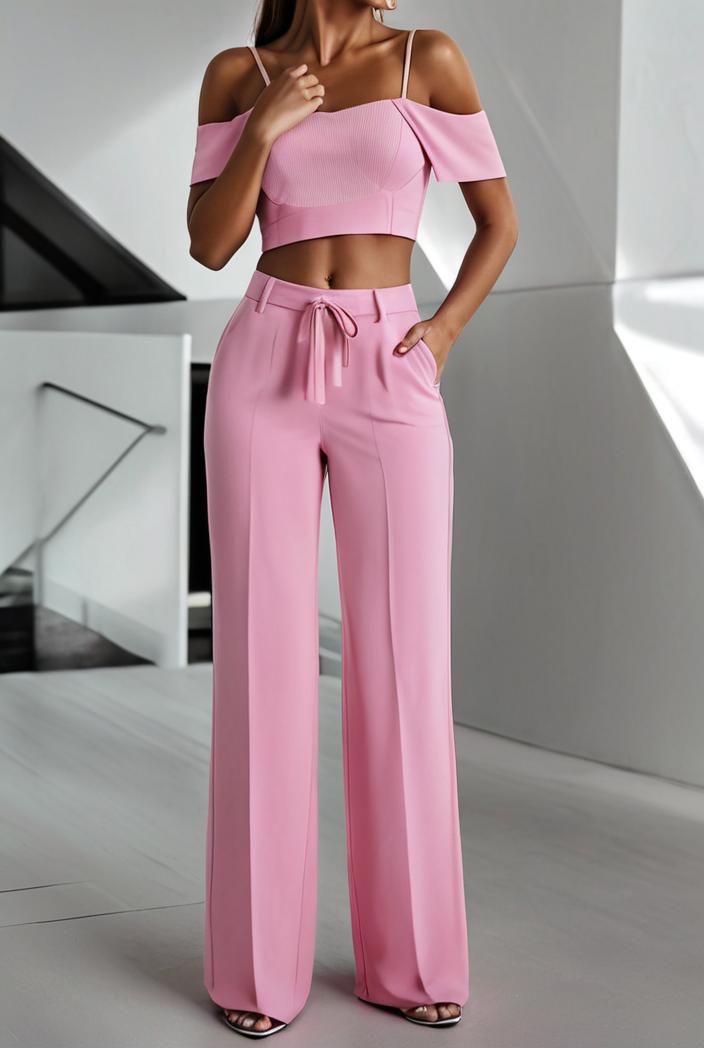one shoulder crop top mopping pants two piece suit 125023