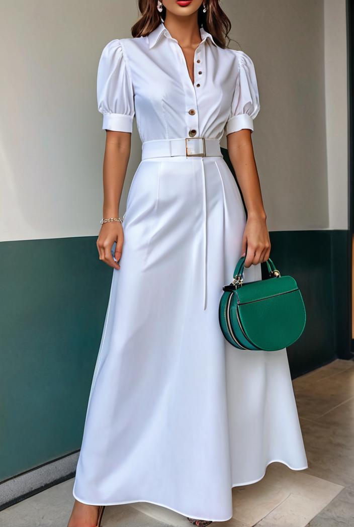plain puff sleeve buttoned shirt dress 126434
