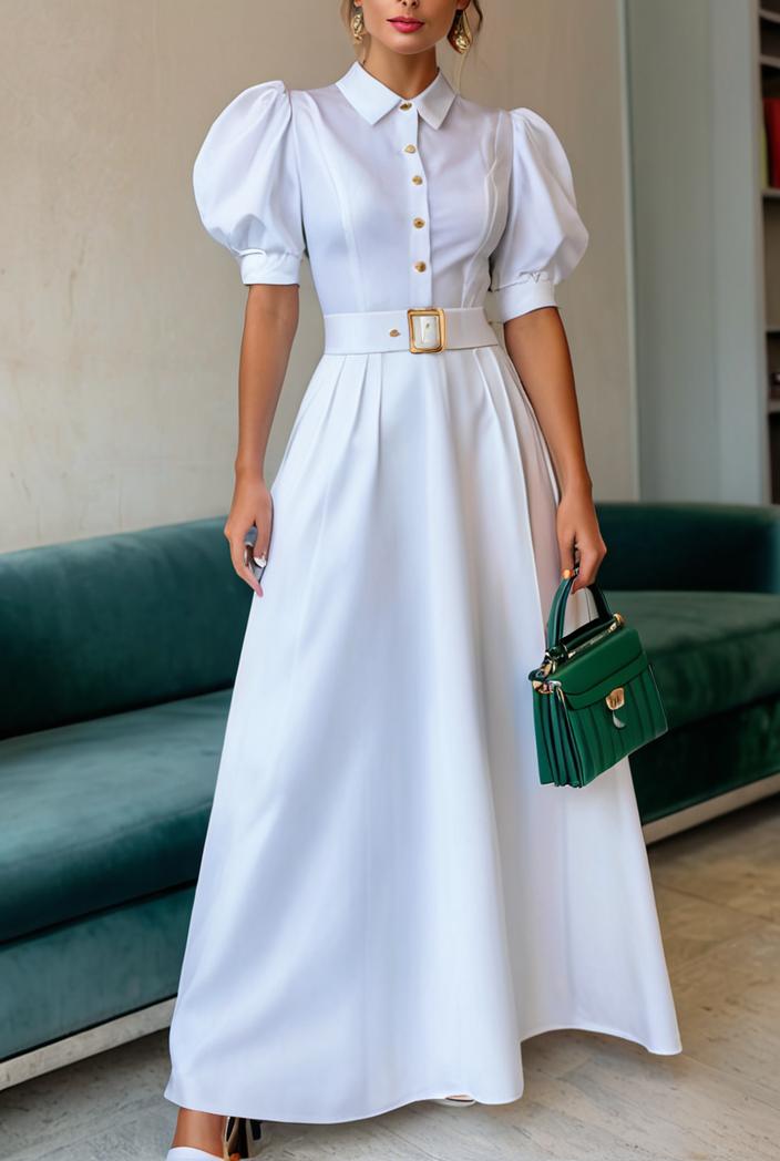 plain puff sleeve buttoned shirt dress 126436
