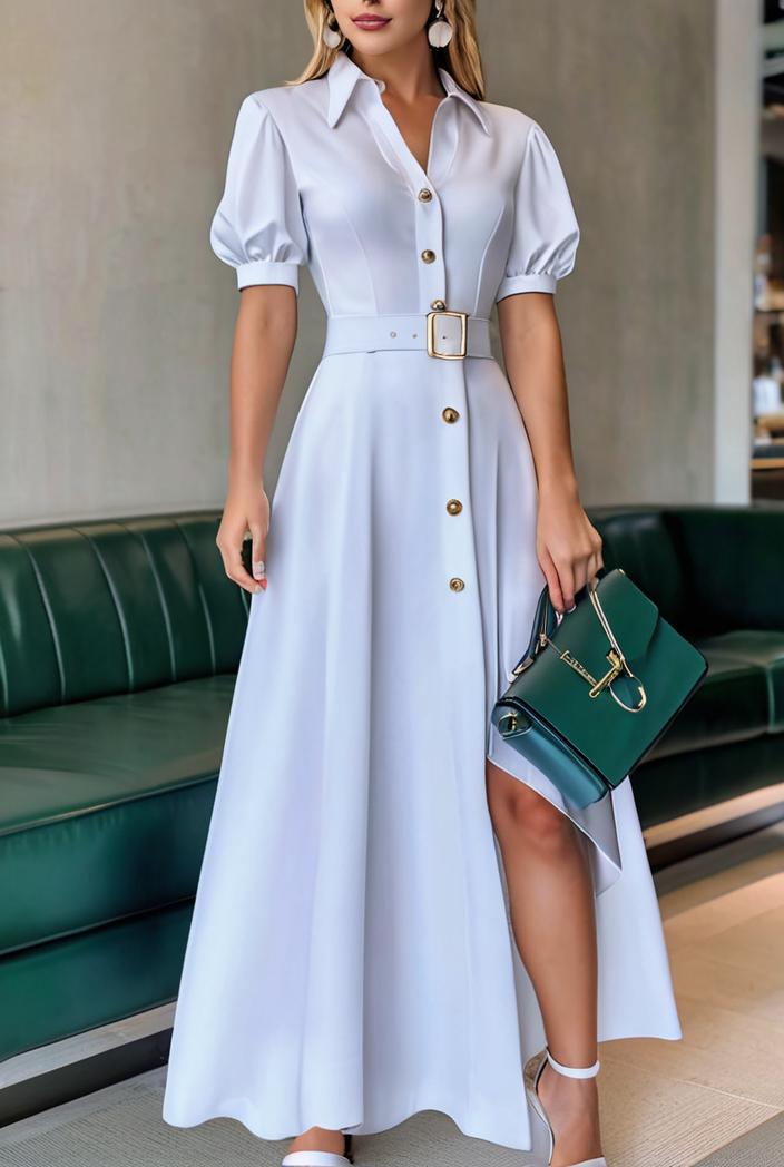 plain puff sleeve buttoned shirt dress 126437