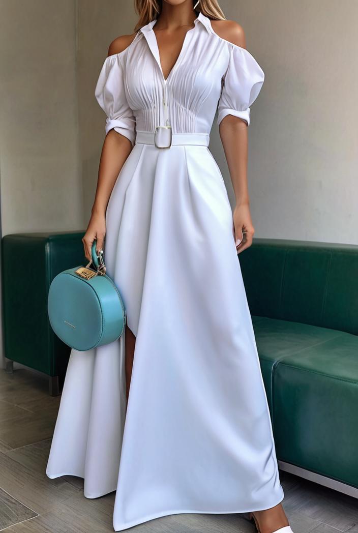 plain puff sleeve buttoned shirt dress 126449