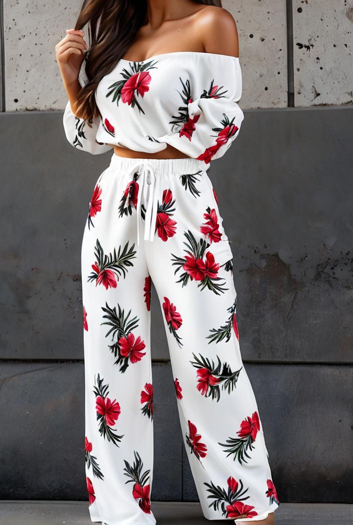 fashion print frilled off shoulder flared jumpsuit 134486