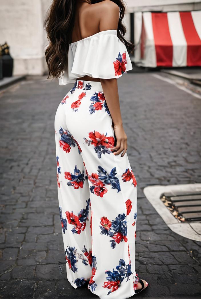 fashion print frilled off shoulder flared jumpsuit 134497